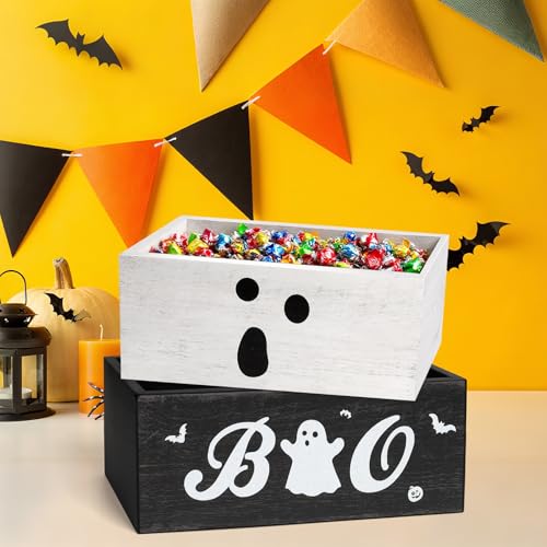Halloween Candy Bowl Set with Boo Ghost Rustic Wooden Serving Dishes - Black & White, 2 Pieces