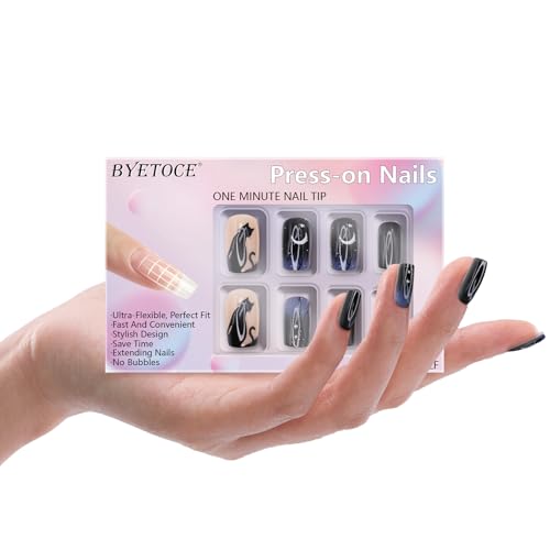 Night Black Cat Halloween Press On Nails Kit with Fake Nails & Accessories