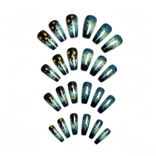 Halloween Press-On Nails Medium Square Smoke Ombre Haunted House Bat Tree Style85