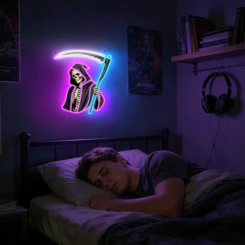 Ammonite Style F Grim Reaper Neon Sign LED Wall Light for Halloween Birthday Room Decor