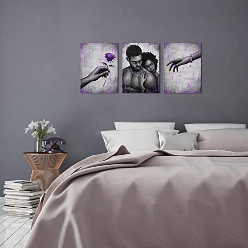 African American Couple Wall Art Canvas Set - Purple & Gold 12x16x3