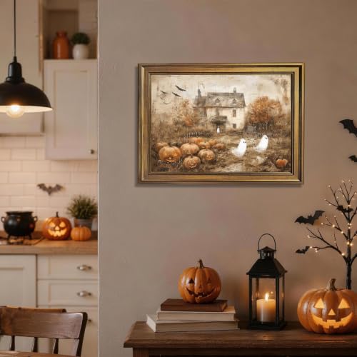 Haunted Halloween Ghosts and Pumpkin Farmhouse Canvas Wall Art - 8x10 Inch Style-4