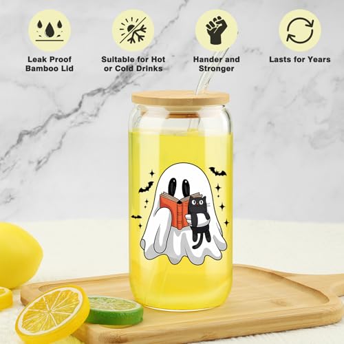 Halloween Ghost Cat Glass Cup 16Oz Iced Coffee Mug with Lids & Straws - Spooky & Cat Variation