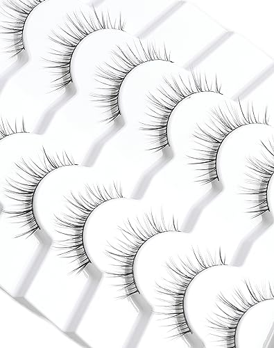 Natural Look False Eyelashes S12 - Wispy C Curl, Thin Band, Reusable 7 Pairs - Natural Girl Variation