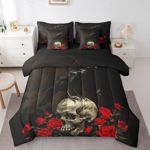 Black Red Sugar Skull King Bed in a Bag Halloween Kids Bedding Set with Comforter & Sheets