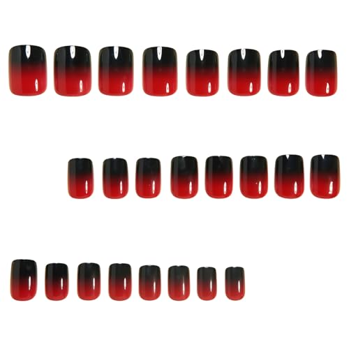 Black Red Gradient Short Square Press-On Nails Set - Reusable Glossy Fake Nails for Women, 24 Pieces - Variation 2