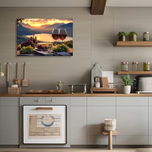 Wine Canvas Wall Art - Lakeside Sunset & Fruit Goblet Painting - 12x18 Inch Art-3