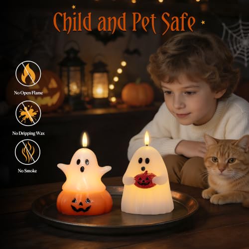 Halloween Ghost Pumpkin Flameless Candle Set - Cute Ghost Decor with Remote - 2 Pack