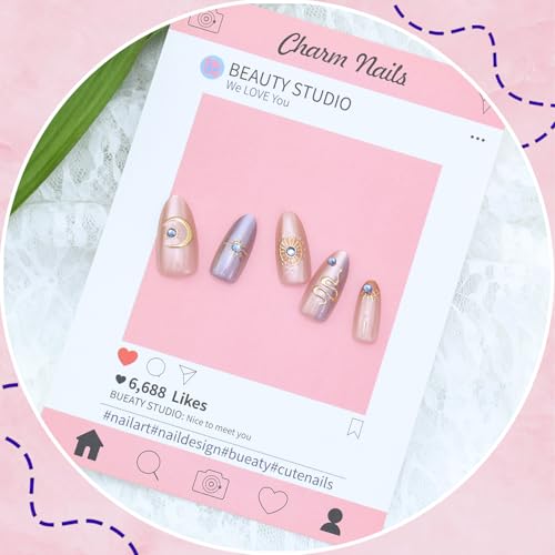 Star Moon Press On Nails - 30Pcs Medium Almond Fake Nails with Rhinestones & Variation 6