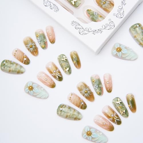 Flower Fake Nails-23 Green Press On Nails with Gold Butterfly & 3D Floral Design - Medium Almond Style
