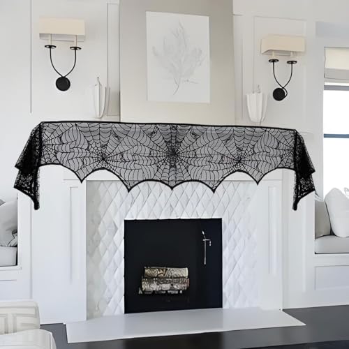 Halloween Spider Web Mantle Scarf - 96x18 Inch Fireplace Decor for Halloween