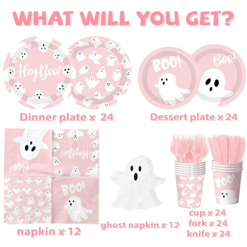 Pink Halloween Ghost Paper Plates and Napkins Set - 144pcs Party Supplies