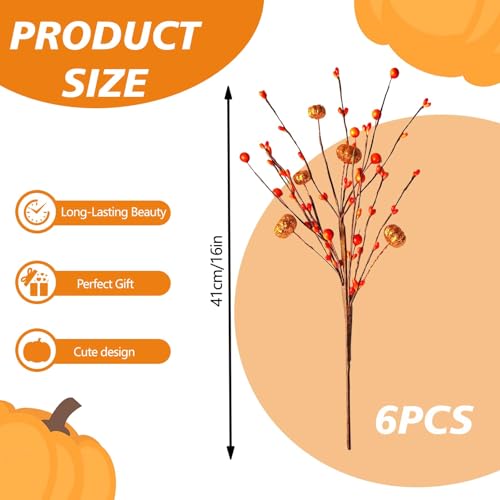 Artificial Fall Berry Stems with Orange Pumpkins & Glitter Picks - 6 Pieces
