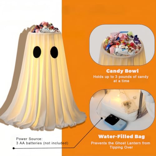 Halloween Ghost Candy Bowl with LED Lights & Remote - Outdoor Lighted Ghost Decor, 8 Modes, Timer, A-Ghost Variation