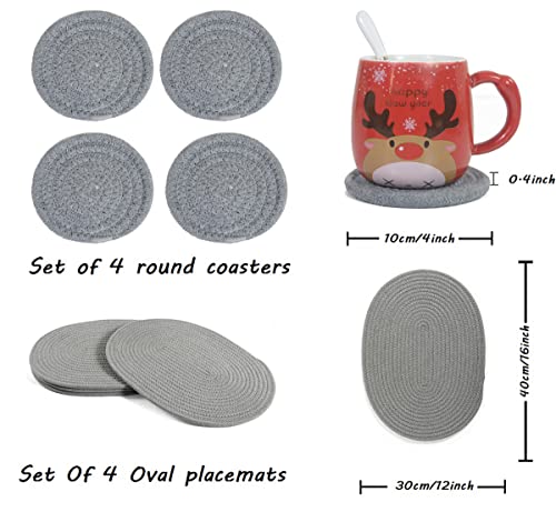 Gray Oval Woven Placemat Set of 4 with Round Coasters - Cotton Rope Table Mats