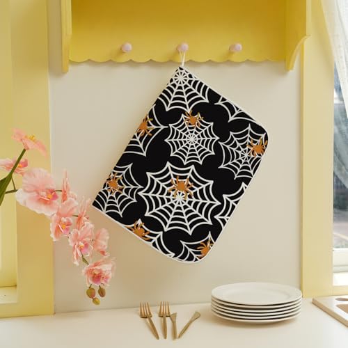 Halloween Dish Drying Mat 18x24 Inch Black Orange Spider Web Pattern - Fall Kitchen Decor