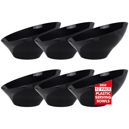 Disposable Plastic Serving Bowls 20oz Black Angled Set of 12 for Party & Wedding - bUCLA