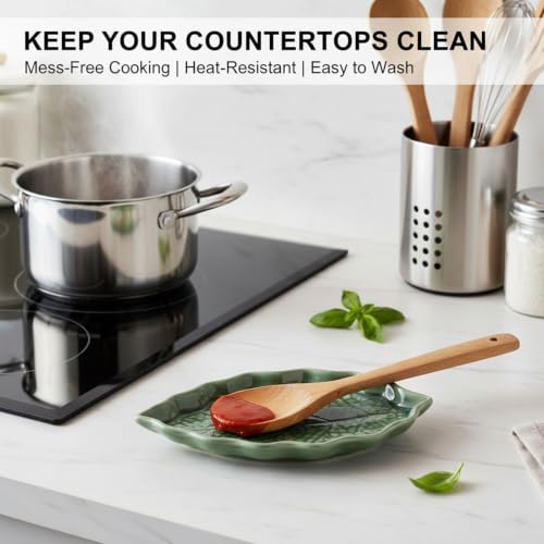 Green Leaf Ceramic Spoon Rest with Ice Crackle Pattern - Kitchen Counter Decor, 1 Piece