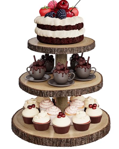 Wood Cupcake Stand 3 Tier Rustic Cake Display Holder - Roud-3 Tier