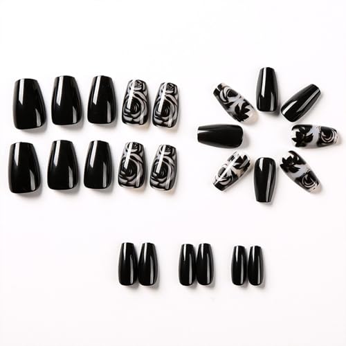 Press On Nails Short Coffin Fake Nails with Flower Design - Variation 19, 24 Pcs