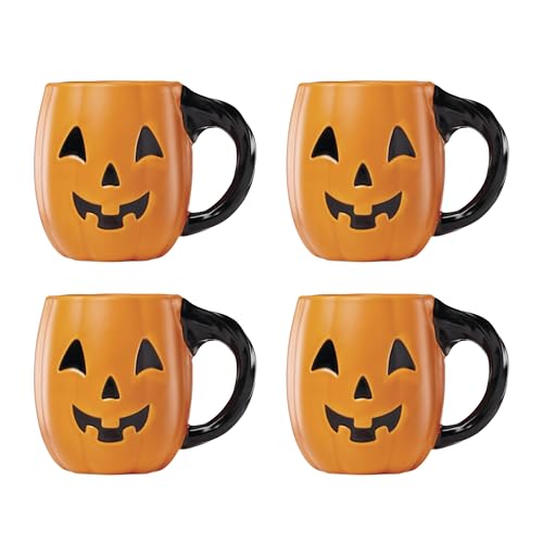 Halloween Pumpkin Mug Set - 4 Porcelain Figural Mugs, 20oz, Spooky Halloween Decor