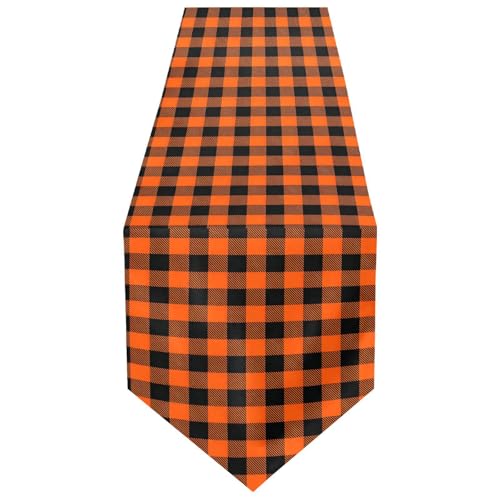 Halloween Double-Sided Black Orange Buffalo Plaid Table Runner 14x108 Inches - Fall Decor
