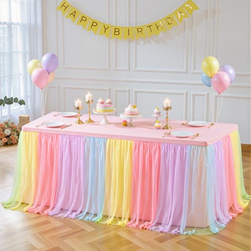 Rainbow Tulle Tablecloth for 8ft Rectangle Tables with Ruffle Skirt - Pastel Rainbow Party Decor