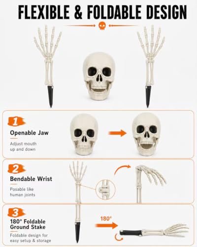 Vivinova 6-Pack Halloween Skeleton Decorations Outdoor with 2 Realistic Skull Heads - Creepy Yard Props