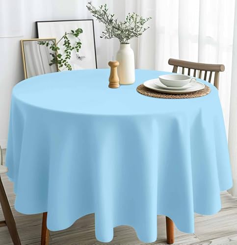 Light Blue Round Plastic Tablecloth 84 Inch Waterproof Disposable for Parties and Events