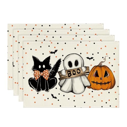Artoid Mode Beige Cat Ghost Halloween Placemats Set of 4 - 12 x 18 Inch Rectangular
