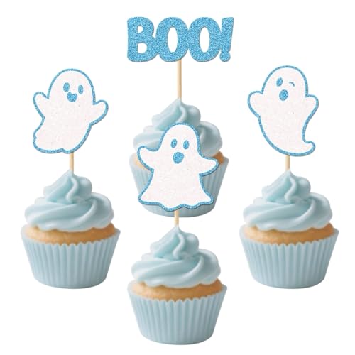 Blue Halloween Ghost Cupcake Toppers - 24 Pcs Party Decor, No Assembly
