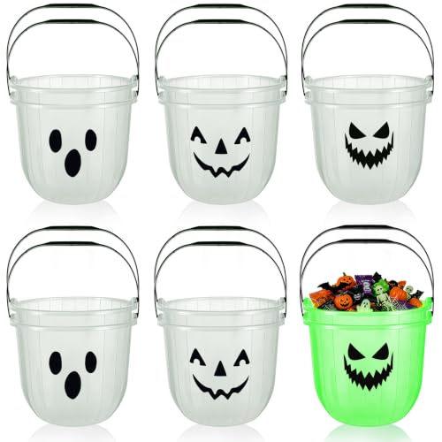Glow In The Dark Halloween Candy Buckets - 12 Pack with Ghost, Pumpkin & Devil Designs