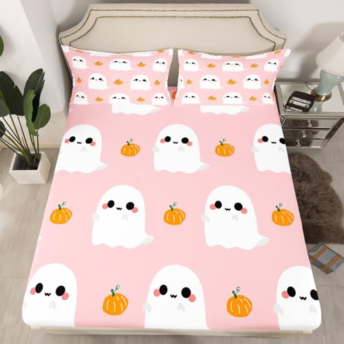 Full Size Cartoon Ghost Bed Sheets Set Halloween Pumpkin Decorations - Multi 21