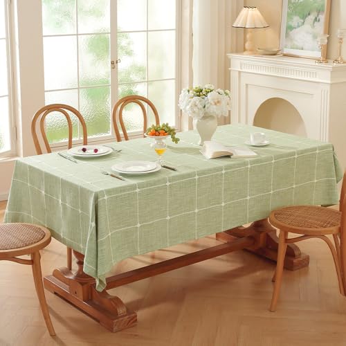Green Plaid Rectangular Tablecloth 60x84 Inch Heavy Duty Linen Cotton Polyester