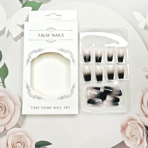 French Tip Press-On Nails Short Coffin Style Black White Gradient Fake Nails with Design - Colorful-13
