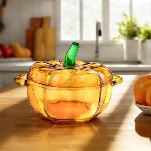 Glass Pumpkin Bowl with Lid - Fall Thanksgiving Decor, Halloween Gift Style 3