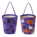 2 Pcs Canvas Halloween Trick or Treat Buckets Purple Pumpkin Spider Design with Handle