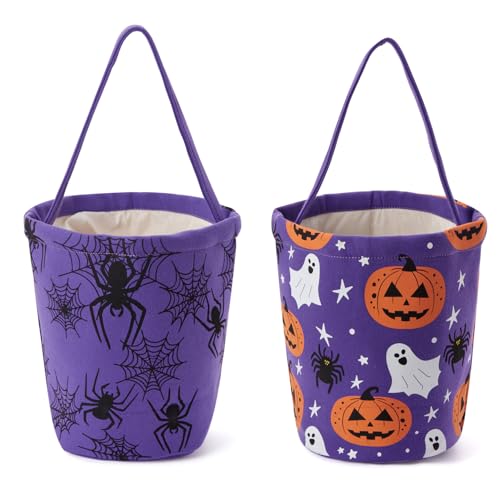 2 Pcs Canvas Halloween Trick or Treat Buckets Purple Pumpkin Spider Design with Handle