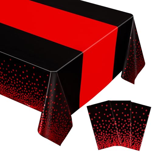 Black and Red Plastic Tablecloth 54x108 Inch - Disposable Party Cover for Events