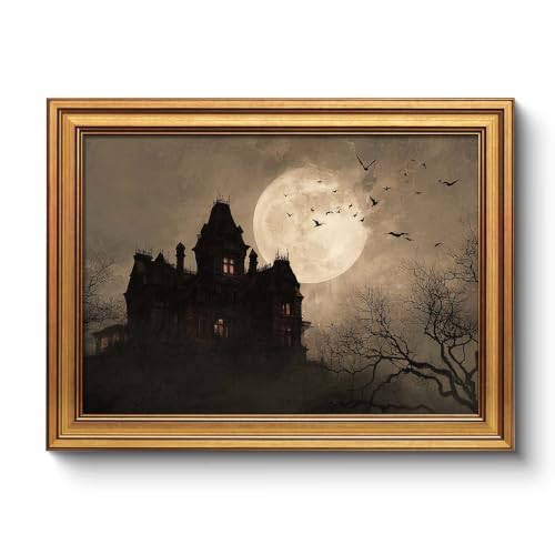 Castle Framed Canvas Wall Decor - Gothic Foggy Haunted Manor 16x12 Inch - Variation of Castle / Framed / 16L x 12W