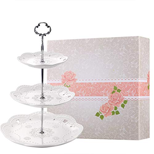 3-Tier Porcelain Cake Stand with Embossed Design - Elegant Dessert Display