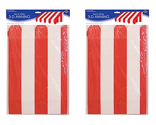 3D Red & White Striped Wall Awnings - Pack of 2 Decorative Storefront Decorations