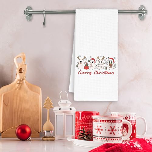 Christmas Ghosts Kitchen Towels - Funny Ghost Santa Light Dish Waffle Towel for Holiday Decor