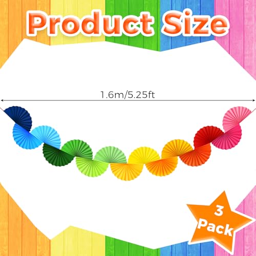 Rainbow Paper Fan Garland 15.6ft - 3 Pack Ceiling Decor, Party & Event Backdrop