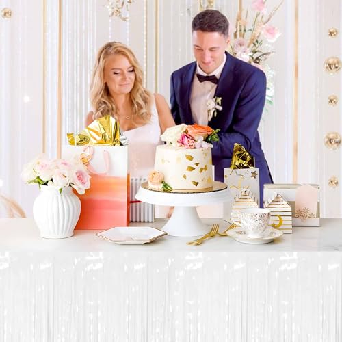 Macaron White Foil Fringe Table Skirts - 3 Pack Metallic Tinsel Streamers for Party Decor