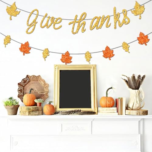 Thanksgiving Banner Set with Glitter 'Give Thanks' & Fall Leaf Garland - DIY Party Decorations
