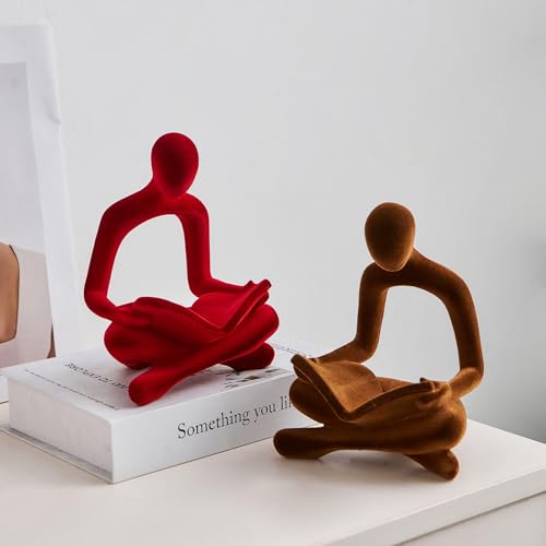 Red Flocked Thinker Statue Decor - Modern Abstract Reading Figurine for Living Room & Office - Gift for Book Lovers