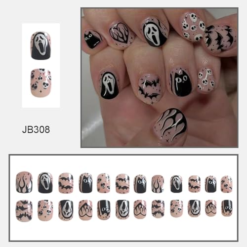 Halloween Short Square Press On Nails with Ghost & Skull Design - Style34, 24Pcs