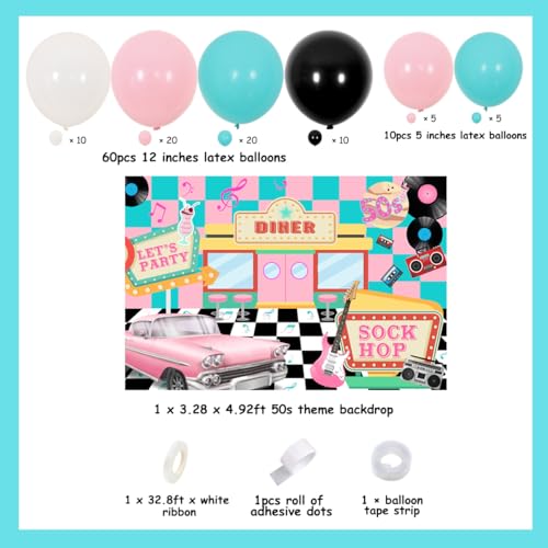50s Theme Party Decorations Set with Balloons Backdrop and Garland