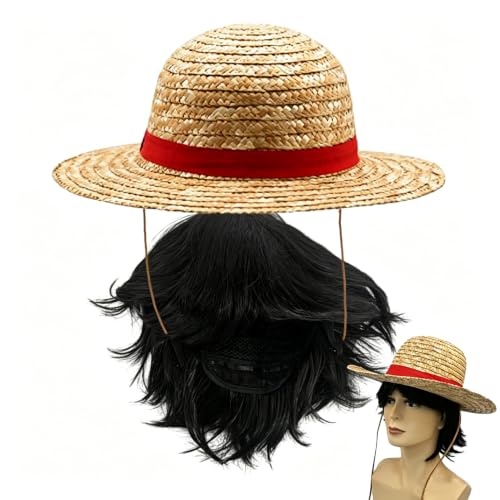 Straw Hat and Wig Set for Halloween Cosplay Beach Costume Accessories